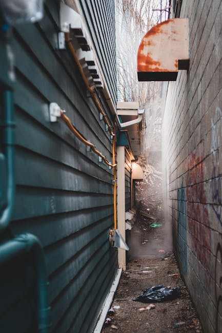 A narrow alleyway situated between a dark green corrugated metal building on the left and a tall, weathered brick wall on the right, with graffiti markings. The alley contains scattered debris and trash bags on the dirt ground, leading towards a brighter background with bare tree branches and a cloudy sky. Visible piping and electrical conduits run along the exterior wall of the building. An outdoor wall-mounted light fixture is attached above the alley, casting a faint glow. The scene suggests an urban environment where private waste clearance might be necessary, and the presence of waste and clutter highlights the importance of rubbish removal services, such as those offered by Waste Clearance Kentish Town, for efficient cleaning and disposal.