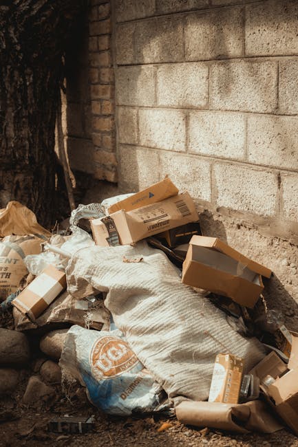 A pile of discarded cardboard boxes, some flattened and some partially collapsed, rest against a rough, weathered brick wall outdoors. The boxes vary in size, with some open and others sealed, made of plain brown and corrugated cardboard, displaying printed barcodes and labels. Among the boxes are crumpled paper and plastic packaging, with a white sack or bag partially visible beneath the refuse. The scene is set on a dirt surface with small stones and debris scattered around, bordered by a brick wall and a large tree trunk on the left side. Natural daylight illuminates the scene, casting soft shadows and highlighting the textures of the cardboard and ground. This image, associated with waste clearance services, illustrates a typical example of rubbish collection or on-site clearance handled by Waste Clearance Kentish Town, showcasing a typical accumulation of domestic or commercial waste awaiting removal.