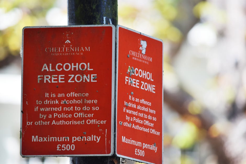 Two red Cheltenham Borough Council signs attached to a black metal pole, indicating that the area is an alcohol-free zone. The signs display the message 'ALCOHOL FREE ZONE' in bold white letters, with additional text warning that drinking alcohol here without a police warrant can result in an offence and a maximum penalty of £500. The signs are weathered with small scratches and chipped paint, showing signs of outdoor exposure. The background features blurred yellow and green leaves, suggesting a location in a park or on a street lined with trees during autumn. The lighting appears natural, with sunlight filtering through the foliage, creating a bright, softly illuminated scene. These signs serve as an example of local regulations aimed at maintaining public order, which may influence approaches to community and waste management enforcement in nearby areas. The focus on outdoor signage aligns with waste clearance services supporting local ordinances and public safety measures.